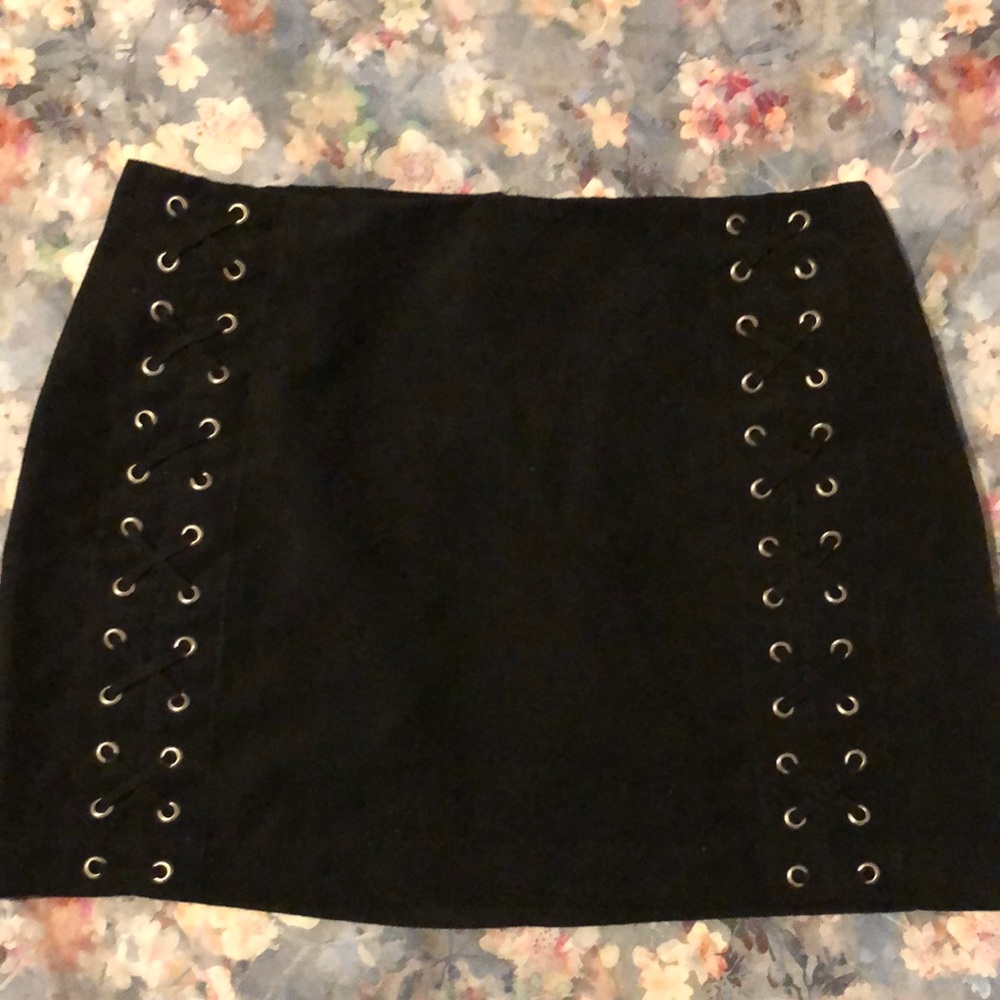 Black Vegan Suede Lace Up Mini Skirt